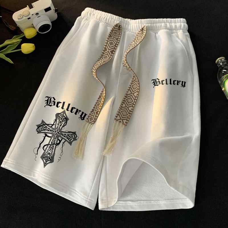 メンズ ショートパンツ 夏用 薄手 スポーツ バスケットボール ゆったり ワイド 膝上 ミッドライズ ドローストリング ロゴプリント マイクロストレッチ ポリエステル混紡 軽量 吸湿速乾 直筒 プリント加工 青春 カジュアル 日常使い 白色 ブラック ベ
