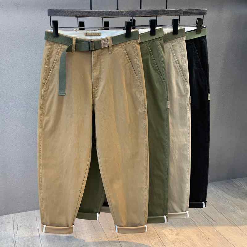Rakuten - メンズ 工装パンツ 秋冬 コットン 素材 吸湿速乾 微弾性 直筒 シルエット 中腰 デザイン ラフ スタイル 日常 使い 土色 軍緑 ライト カーキ ブラック カラーバリエーション 免 アイロン 加工 立体 裁断 青春 ポップ フィット 青年 向け ゆっ