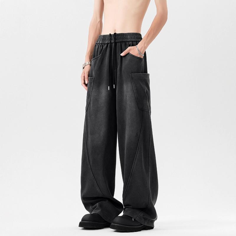 メンズ スウェットパンツ 秋冬 ワイドレッグ コットン 綿 90% 切り替え デザイン ミッドライズ ドローストリング クロージャー ストレートレッグ マルチポケット 軽微ストレッチ ブラック ゆったりシルエット 日常 使い 青春 スタイル カジュアル
