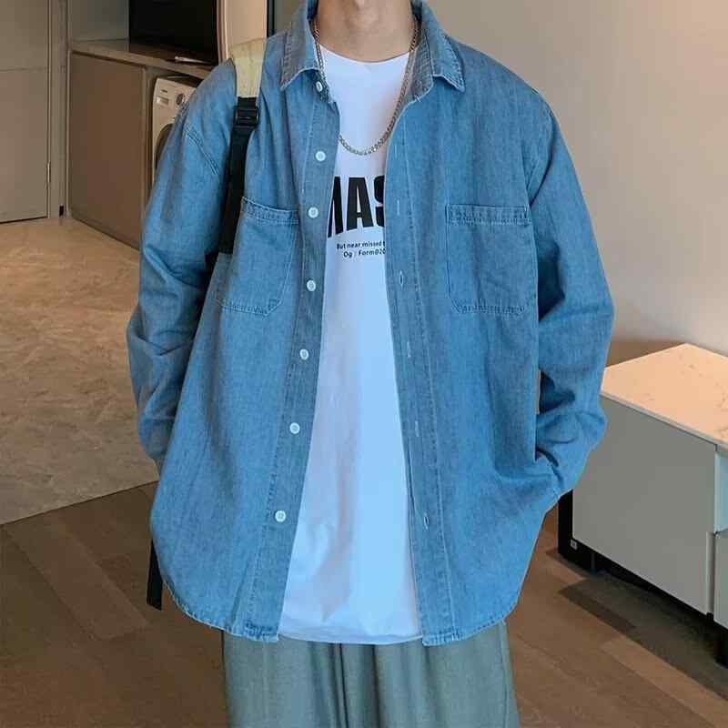 맨즈 긴팔 데님 셔츠 탑스 면 소재 심플 디자인 항풍 스타일 느긋한 실루엣 청소년을 위한 데님 재킷 개 칼라 타입 순색 보통 두께 세탁기 가능 느긋한 판형 깊은 블루 라이트 블루 봄 가을 시즌 세탁 가공 마무리 캐주얼