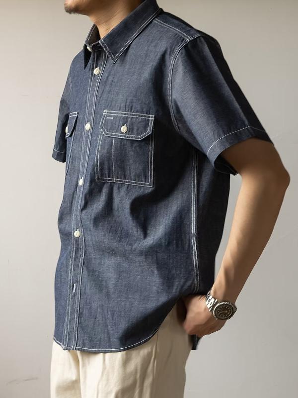 乐天商城 - メンズ シャツ トップス 短袖 夏用 ゆったり 牛仔風 軽熟 デイリー カジュアル 免烫 ポリエステル 混紡 ポケット 装飾 純色 ブルー 青少年 男性用 ラフ スタイル 日常使い 軽量 吸湿速乾 ビッグシルエット 翻領 ミッドスリーブ ゆったり フィッ