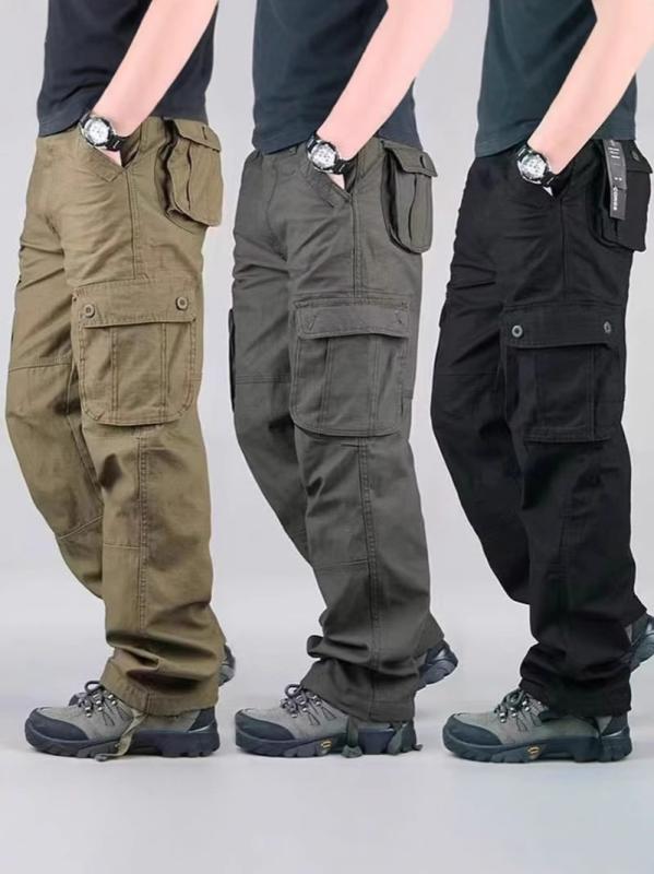 Pants - メンズ 工装パンツ 男性用 コットン 100% 素材 耐久性 耐摩耗 防裂け ゆったり ワイドシルエット 中腰 ストレートレッグ ジップフライ 無地 無伸縮 厚手 春秋 秋冬 春夏 通勤 普段使い アウトドア 作業 長ズボン 多ポケット デザイン ブラッ