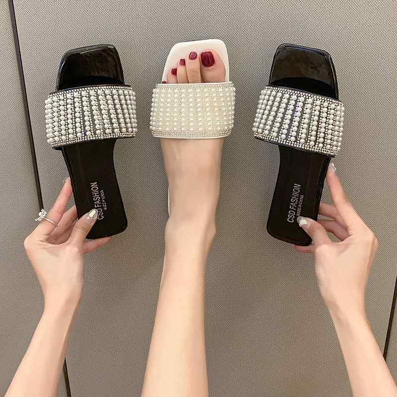 サンダル 女性用 韓国風 2020春夏 ビーチサンダル フラット ストラップ 水晶装飾 軽量 日常使い ビーチ ホワイト ブラック 人造PU ゴム底 粘着製法 純色 純色パターン シミュレーションレザー 内側 ワンストラップ フラットヒール 軽便 軽便機