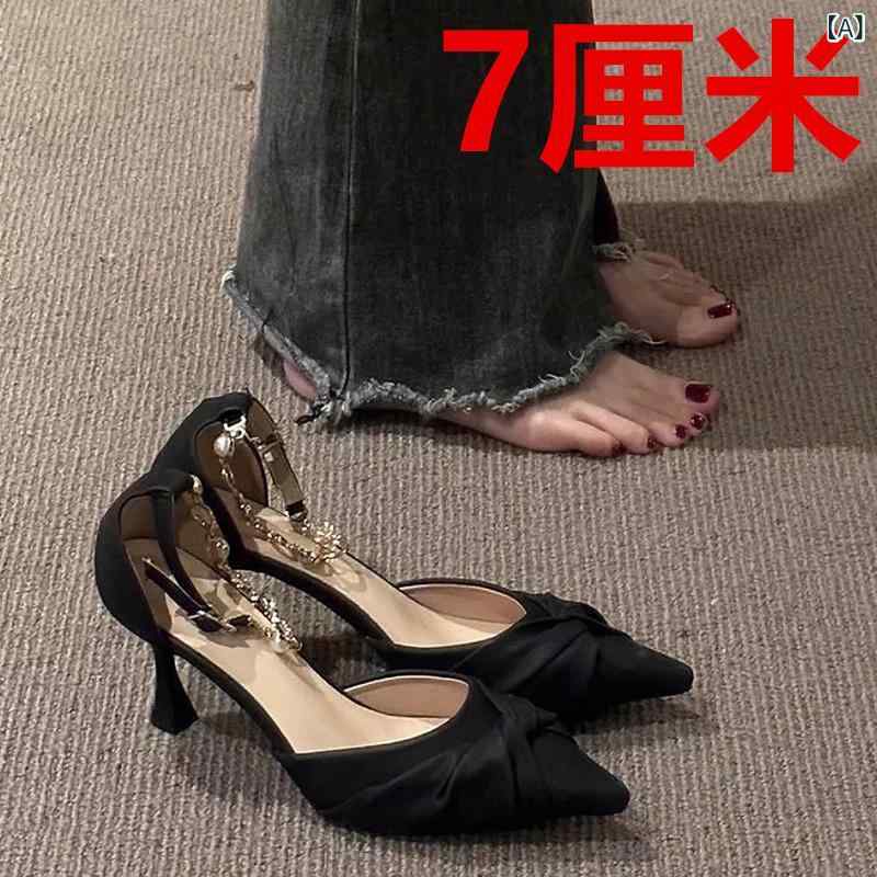 ヒールサンダル 女性用 夏 黒 米白色 5cm 7cm 尖頭 珍珠 デザイン 韓国風 軽量 PU素材 接触冷感 伸縮性 吸湿速乾 ハイヒール ストラップ 女性シューズ 足元ファッション 普段使い 華やか 細身シルエット fork-br-10735779 フォークBR サンプル画像2
