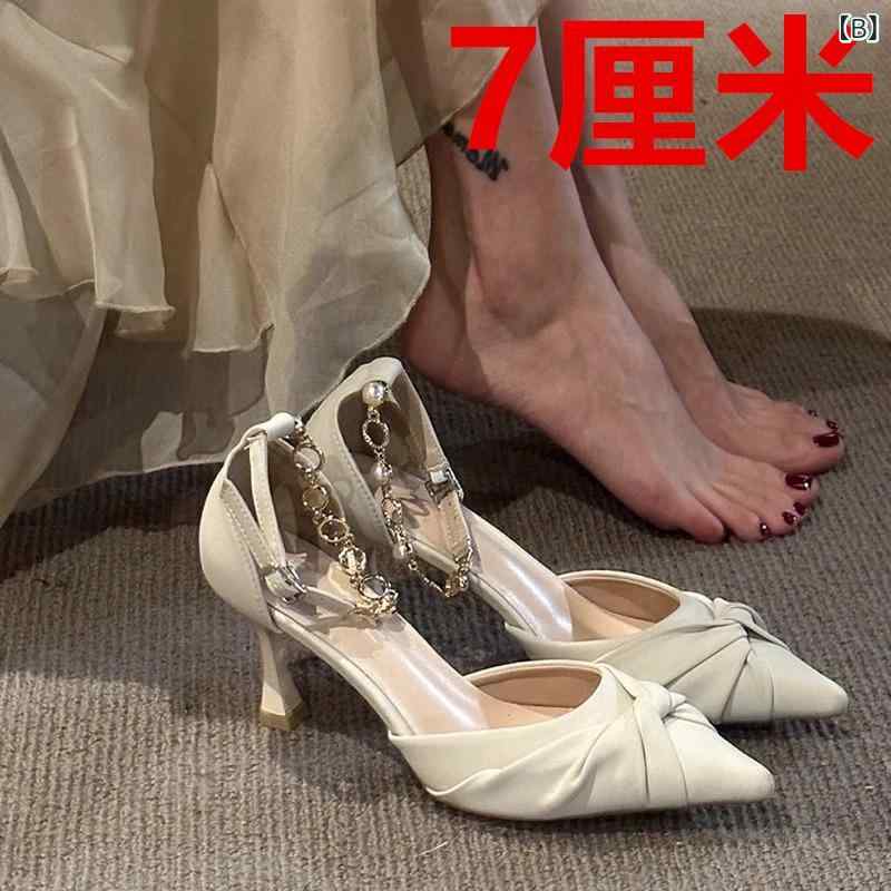 ヒールサンダル 女性用 夏 黒 米白色 5cm 7cm 尖頭 珍珠 デザイン 韓国風 軽量 PU素材 接触冷感 伸縮性 吸湿速乾 ハイヒール ストラップ 女性シューズ 足元ファッション 普段使い 華やか 細身シルエット fork-br-10735779 フォークBR サンプル画像3
