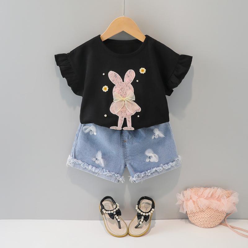 女の子 子供 夏服 セットアップ 短袖 トップス 短パン 綿素材 薄手 かわいい ウサギ プリント 黄色 ブラック ピンク 1歳から6歳 80cmから120cm 日常使い 通気性 吸湿速乾 ソフト 肌触り