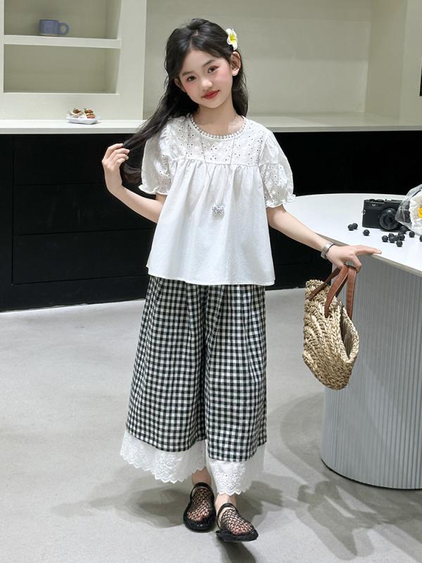 女児 夏 トップス ワイドパンツ セット かわいい 韓国風 格子柄 短袖 九分丈 薄手 柔らかい 綿混紡 ポリエステル ワイドシルエット ゆったり 普段使い 軽量 吸湿速乾 ビッグシルエット 子供服 女の子 8歳以上 中大童