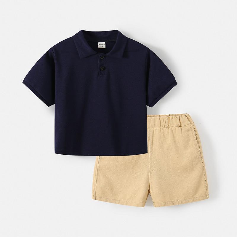 Other - キッズ 男の子 春夏 ポロシャツ 短袖 ショートパンツ セット 綿混 ポリエステル 吸湿速乾 軽量 通気性 カジュアル 普段使い 部屋着 アウトドア 無地 シンプル コットン デイリーウェア ユニセックス 3〜8歳 100〜140cm 藍色 白 子供服