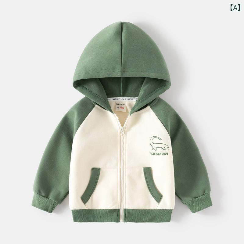 Other - キッズ 男の子 スウェット 長袖 プルオーバー 連帽 コットン ポリエステル 切り替え 恐龍 プリント 柔らかい 生地 秋冬 普段使い カジュアル スタイル グレー グリーン 袖 ミックス カラーリング 通学 遊び着 伸縮性 快適 フィット 3-8歳 対