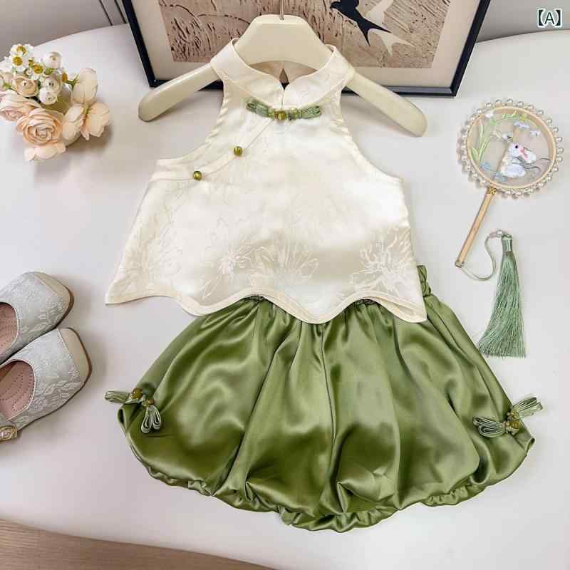 女児 キッズ 夏用 無袖 トップス 花苞パンツ セット 緑色 薄手 柔軟 ポリエステル 涼しい かわいい 姫風 潮感 3〜8歳 90〜140cm