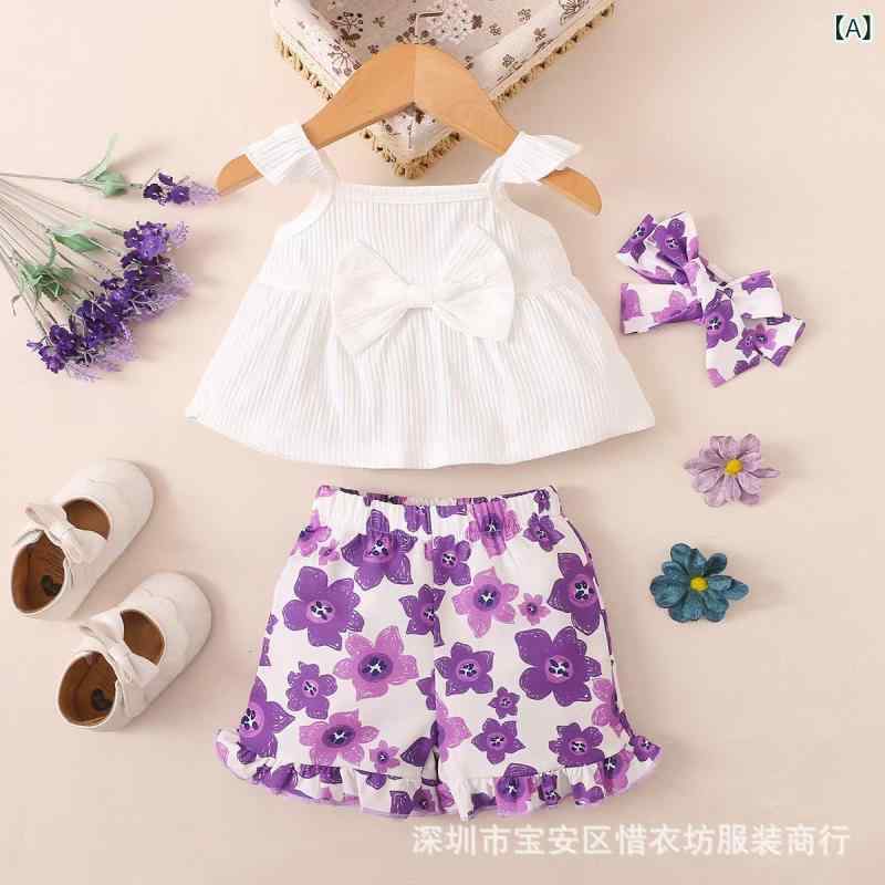 女児 春夏 無袖 吊りトップス 花柄 プリント ショートパンツ ヘッドバンド セット 綿混 柔らか素材 純色 蝶結び 田園風 ベビー 3〜24ヶ月 ピンク系 ホワイト ライトベージュ 吸湿速乾 軽量 伸縮性 普段使い インドア
