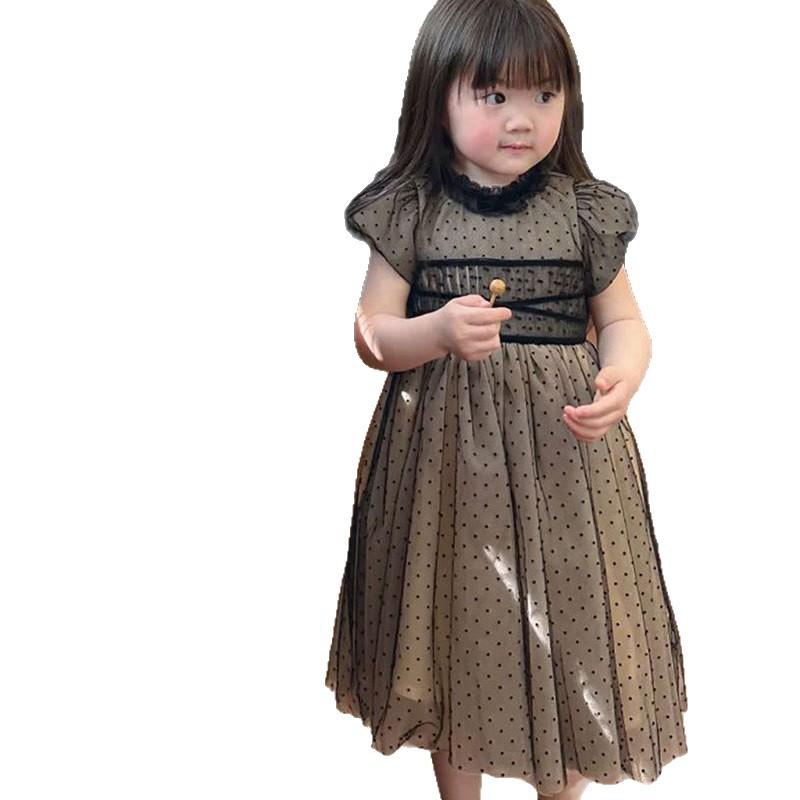 Rakuten - 女の子 ワンピース 夏 黒 ドット柄 プリンセスドレス チュールスカート 綿混紡 柔らかい素材 Aライン 基本デザイン かわいい 女児服 軽やか 通気性 子供用 黒ドレス 夏服 女童 親子コーデ シンプル 韓国風