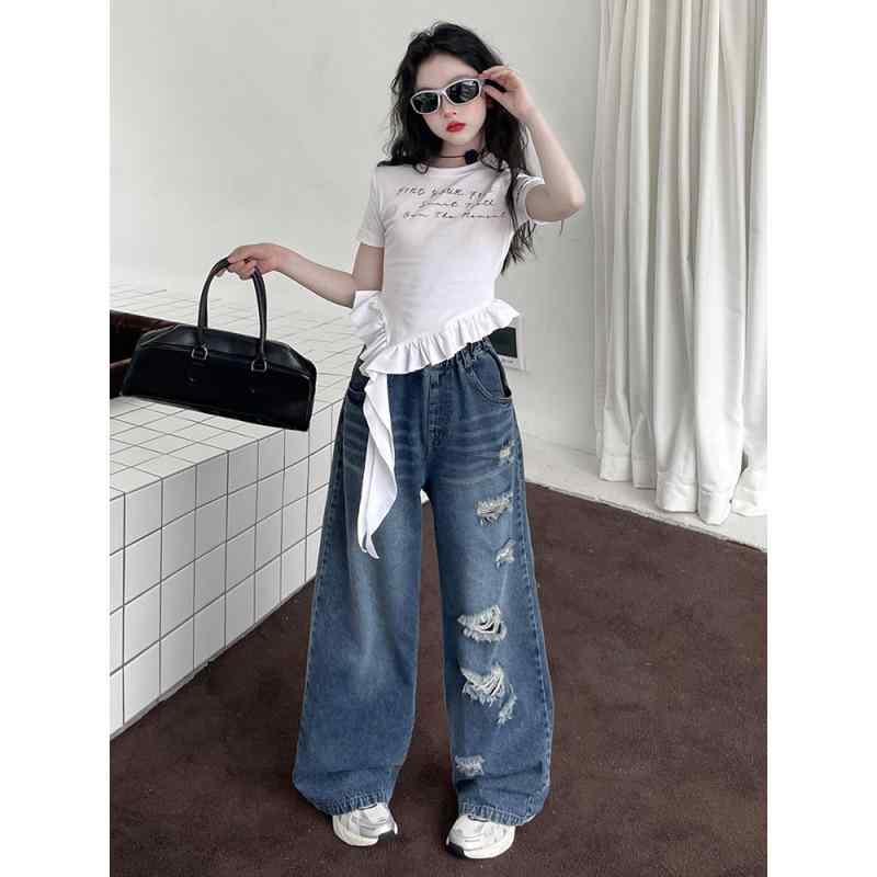 Other - 女児 トップス シャツ 半袖 綿素材 薄手 夏用 直筒パンツ デニム 破れ加工 切り替え セット 普段使い 軽量 伸縮性 白色 ブラック 120cm 130cm 140cm 150cm 160cm 170cm