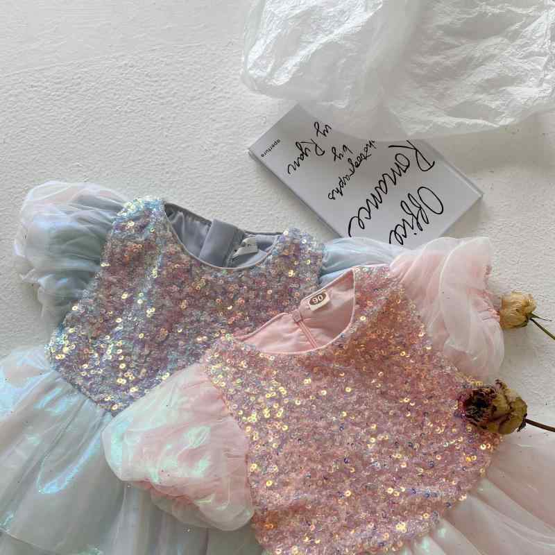 女児 ワンピース 子供用 女の子 夏用 プリンセス ドレス コットン 綿素材 柔らかい 接触冷感 短袖 ピンク ライトブルー 人魚 グラデーション シーケンス 装飾 かわいい デザイン 3〜8歳 100〜140cm 潮っぽい スタイル 軽量 吸湿速乾 普