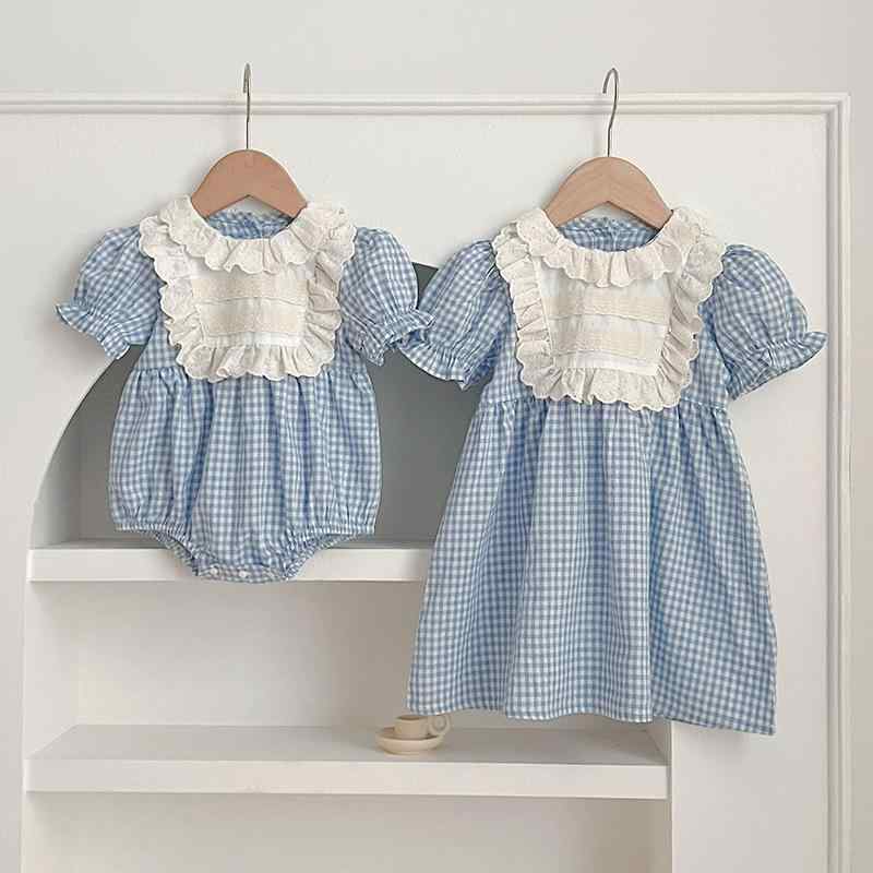 Occidental Goods - 女児 ワンピース 春夏 女の子 子供服 赤ちゃん服 綿100% 柔らかい生地 格子柄 レース 襟 短袖 Aライン スカート ブルー かわいい 普段使い 通園 ベビー 幼児 3〜8歳 吸湿性 軽量 安全 A級