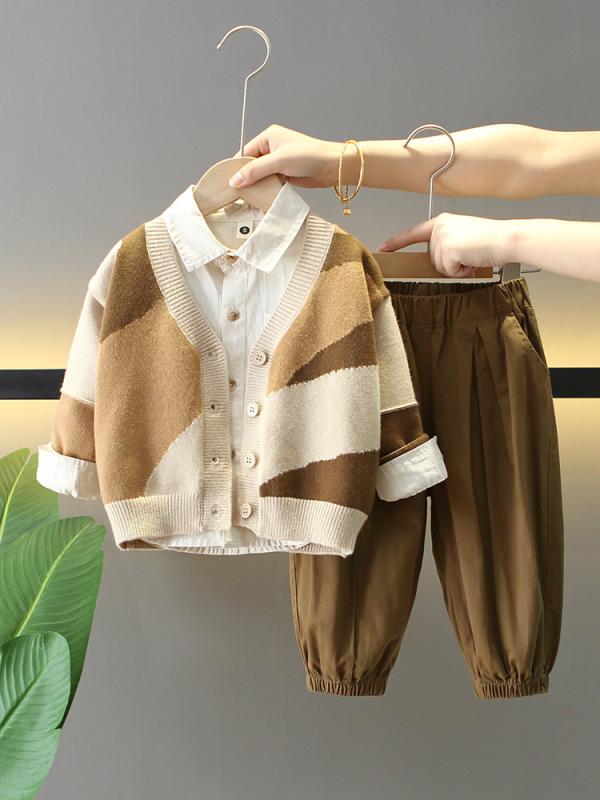 キッズ 男の子 秋冬 セットアップ 長袖 トップス パンツ 3点セット コットン 柔らかい 素材 抽象 プリント 褐色 橘色 3〜8歳 100〜140cm 普段使い 伸縮性 通園 通学 韓風 スタイリッシュ 軽量 普通厚
