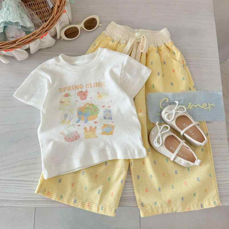 女児 夏服 セット 韓国風 かわいい キャラクタープリント 短袖 Tシャツ トップス 綿 柔らかい 薄手 ワイドレッグパンツ 長ズボン 黄色 3-8歳 90-140cm 吸湿速乾 伸縮性 通気性 普段使い アウトドア カジュアル
