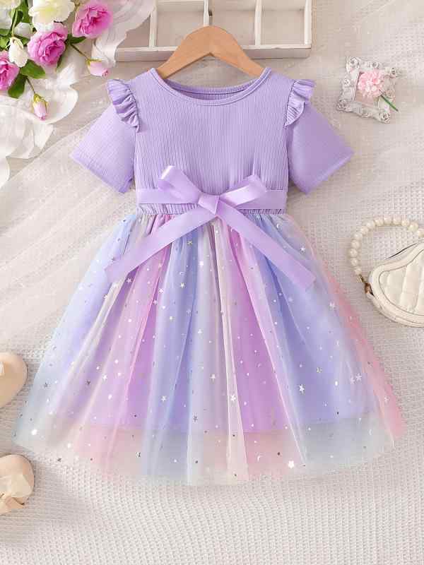 女児 ワンピース 子供 女の子 夏 短袖 蝶結び グラデーション チュール プリンセス スカート コットン 柔らか素材 かわいい ピンク ライトブルー ラベンダー 3-8歳 中小児 100-140cm 軽やか 綿素材 60% チュールスカート 韓国風 フ