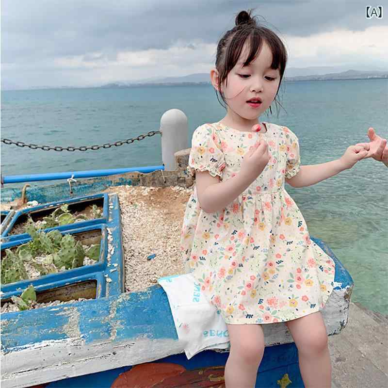 女児 ワンピース 子供服 女の子 ベビー 綿100 柔らかい 生地 花柄 プリント Aライン スカート プリンセス スカート ガーリー 田園 風 かわいい 夏 春夏 シーズン 3〜8歳 90〜140cm 通気性 軽量 日常使い 遊び着 ガーデン スタイル