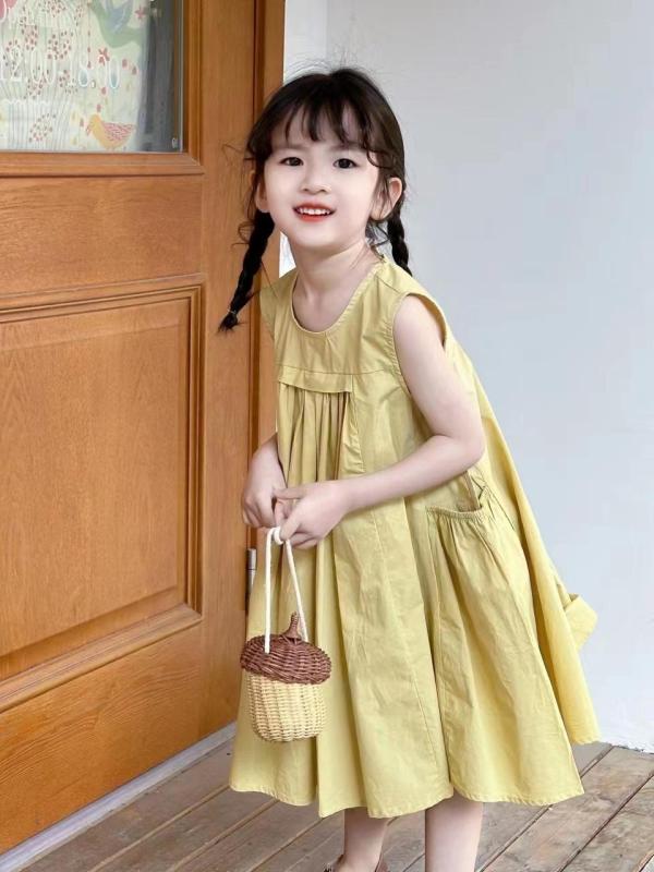 Other - 女児 ワンピース 女の子 子供服 夏用 無袖 純綿 100% コットン 柔らかい 肌触り 薄手 軽量 通気性 吸湿性 Aライン プリンセス風 花柄 抽象柄 田園 かわいい 黄色 紫ロ蘭 100-150cm 3-8歳 中小童