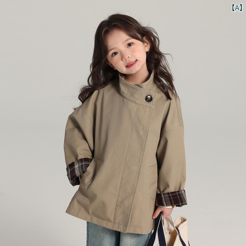 樂天商城 - 女児 キッズ 女の子 トレンチコート 風合い コート 春 春季 コットン 100% 柔らかい 素材 中長丈 長袖 スタンドカラー 単排ボタン 開き 無帽子 無腰帯 英倫 スタイル トレンド スタイル 無地 カーキ 色 普通 厚み 軽量 伸縮性 吸湿速乾