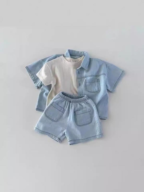 キッズ 男女兼用 ベビー セットアップ 短袖 デニム シャツ ショーツ 夏服 コットン 柔らかい 素材 純色 軽量 吸湿速乾 かわいい スタイル 1-3歳 80-100cm