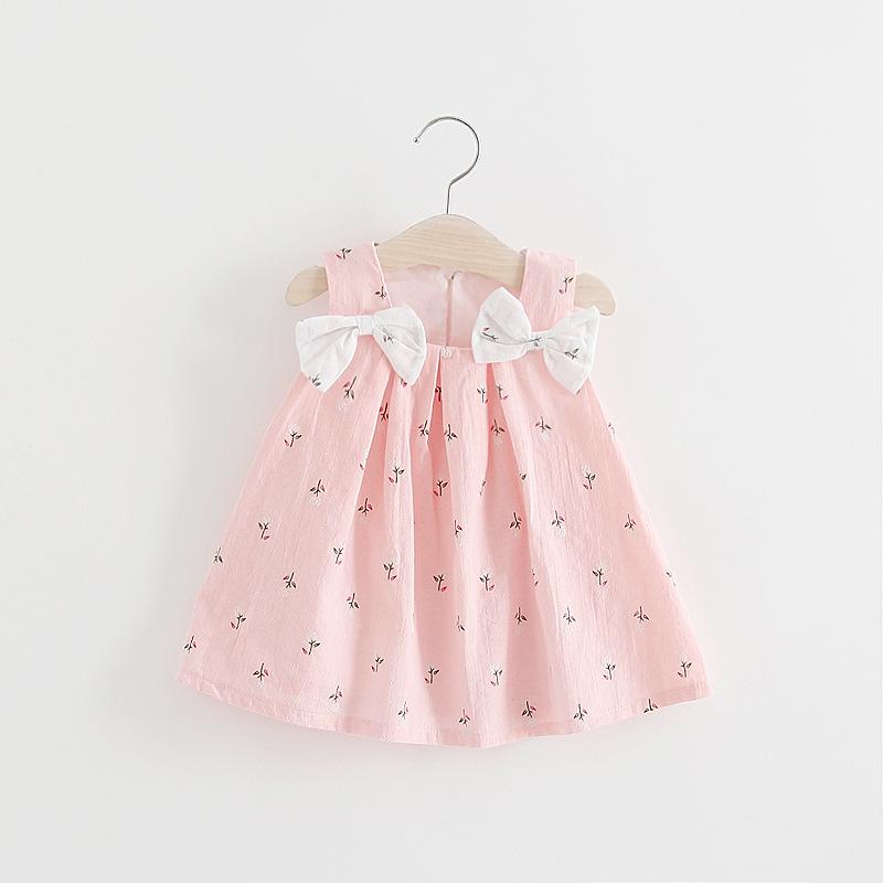 Occidental Goods - 女児 ワンピース 吊り帯 背心 スカート 夏 綿 純色 花柄 蝶結び 無袖 A字 かわいい ピンク 白 軽量 通気性 1〜3歳