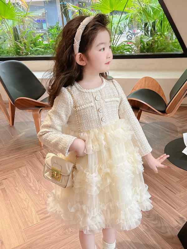 女児 ワンピース 春冬 キッズ 女の子 綿素材 長袖 Aライン かわいい プリンセス 風 杏色 接触冷感 酵素洗い 伸縮性 通学 普段使い 軽量 3〜8歳 中小児 100〜140cm