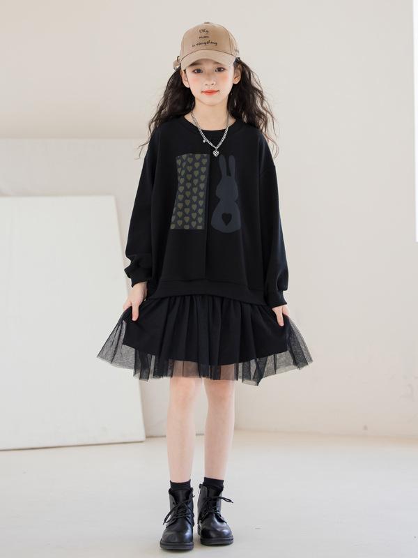 キッズ 女の子 長袖 ワンピース 秋冬 コットン 素材 柔らかい 接触 連衣裙 切り替え チュール スカート 黒 カラーリング 春秋 シーズン 対応 韓国風 スタイル ビッグ サイズ 対応 120-170cm 身長 子供 服 トップス ドレス 組み合わせ