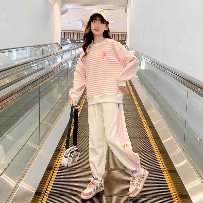 女児服 女の子 秋冬 トップス 長袖 長ズボン セット 綿 柔らかい 厚手 フリース ライン柄 紫 ピンク ストリート 韓国風 8歳以上 中学生 伸縮性 吸湿速乾 普段使い 秋 冬 通学 遊び着