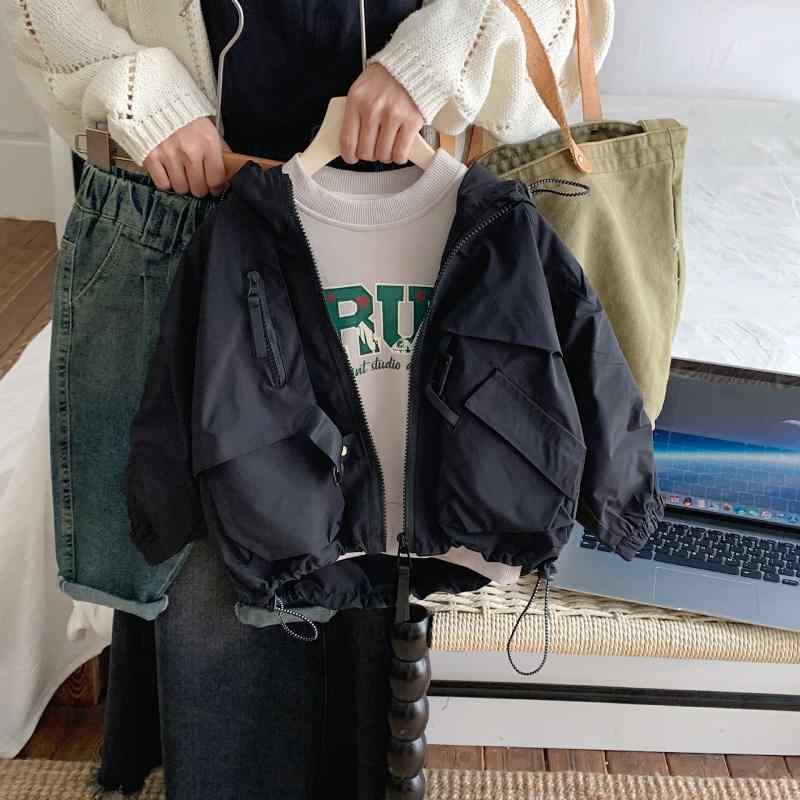 洋貨（西服, 帽子, 泳衣, 雨衣） - キッズ 男の子 女の子 子供用 秋冬 コート ジャケット ミリタリー風 フード付き 長袖 短丈 ユニセックス 黒 化繊 ポリエステル 柔らかい 普段使い 秋服 トレンド ストリートスタイル 3〜8歳 100〜140cm