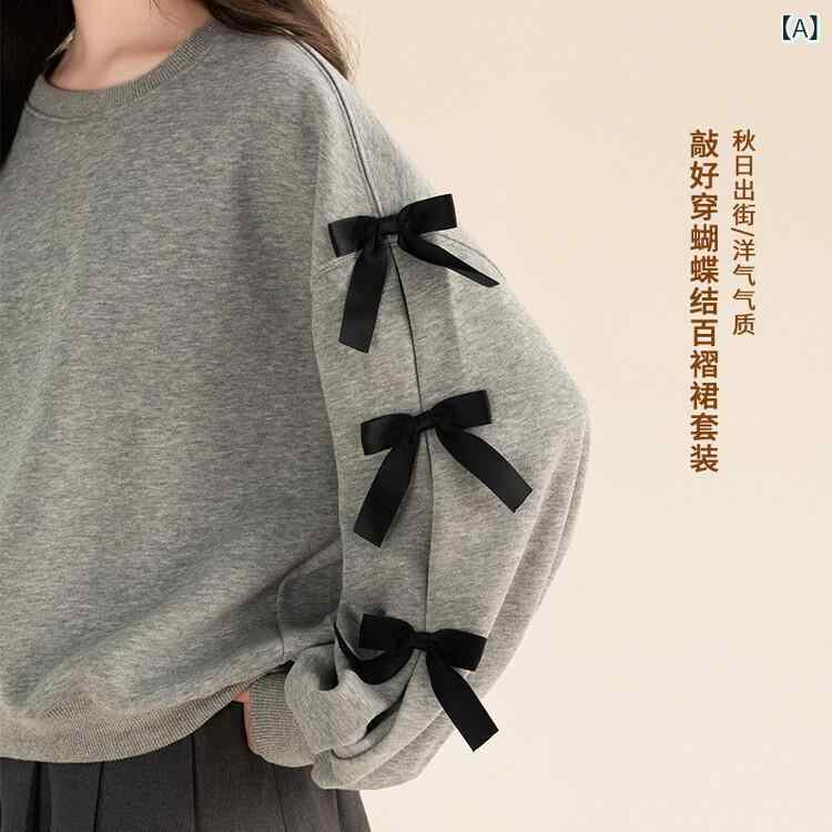 キッズ 女の子 春秋 トップス 長袖 プルオーバー セーター コットン ニット 柔らかい 生地 グレー カラーバリエーション 蝶ネクタイ アクセント ゆったり シルエット かわいい デザイン 日常使い 学校 着こなし 伸縮性 快適 素材 中大童 サイズ
