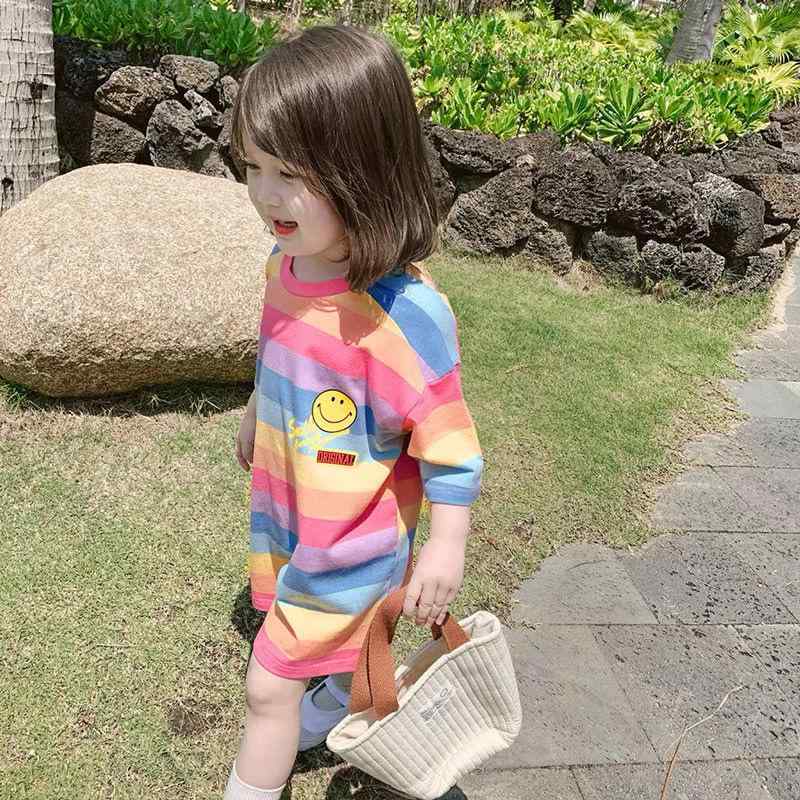 女児 ドレス 子供服 女の子 春夏 ワンピース コットン 100% 綿素材 短袖 連衣裙 プリンセス スカート かわいい カラフル 虹柄 ストライプ パターン 軽量 通気性 伸縮性 ビッグシルエット プリーツ スカート フレア 普段使い 遊び着 3〜8歳