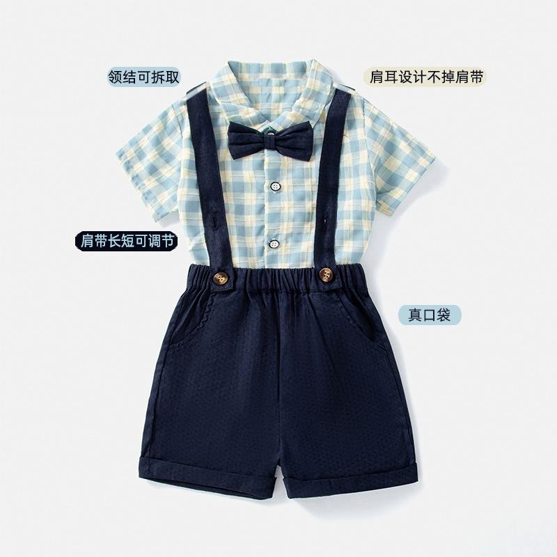Rakuten - キッズ 男の子 夏服 セット 格子柄 短袖 シャツ 背広パンツ 綿素材 柔らかい 薄手 学院風 蝶結び アクセント 紺色 ストライプ 1歳から3歳 かわいい 普段使い 涼しい 通気性 吸湿性 軽量 ベビー服 幼児服 礼服風 ファミリーコーデ