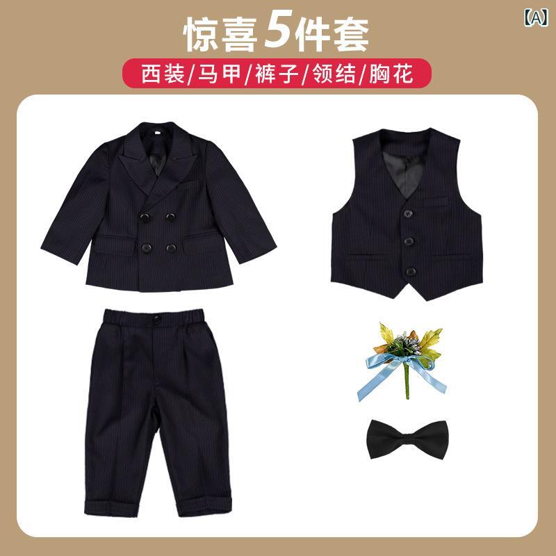 Other - キッズ 男の子 西装 三件セット 秋冬 礼服 条紋 長袖 長ズボン 柔軟 加工 英倫 スタイル 潮 ファッション 聚酯 繊維 ダブルブレスト ボタン セット ボウタイ 胸花 付き 子供 フォーマル 服 通年 対応 3 〜 8 歳 向け