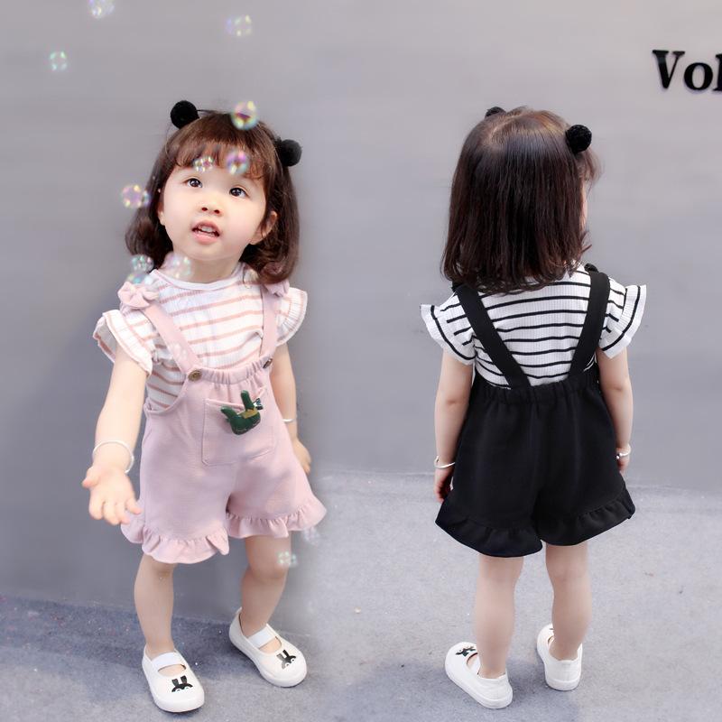 Other - 女児 ベビー 女の子 夏 トップス 短袖 ストライプ 綿 95% 柔らかい 薄手 背広パンツ ショートパンツ ピンク ブラック かわいい うさぎ柄 セット 2点組 韓風 ストリート キャジュアル 普段使い 伸縮性 通気性 肌触り良い 安全 A級 1-4歳