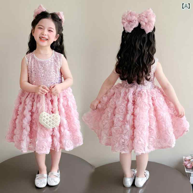 Occidental Goods - 女児 ワンピース 女の子 子供服 吊り帯 背心 スカート 立体 バラ 花柄 かわいい 甘い 夏用 プリンセス スカート ポンパドール フレア スカート 柔軟 素材 ポリエステル 綿 裏地 無袖 蝶結び アクセサリー 花 モチーフ 軽量 通気性 3〜8歳
