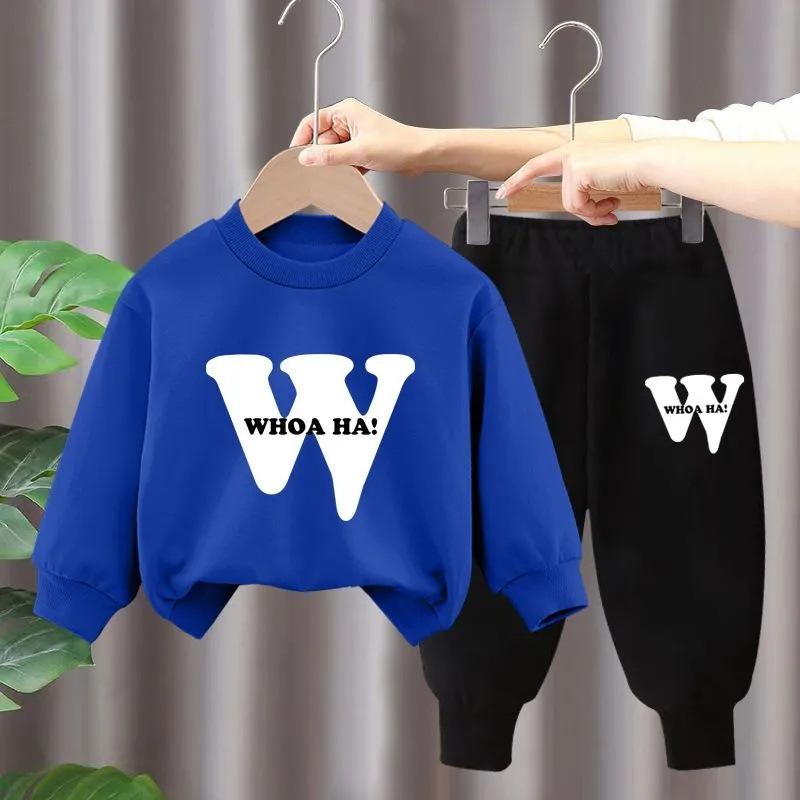 キッズ 男女兼用 秋冬 長袖 セットアップ コットン 素材 長ズボン 付き トップス かわいい プリント 柄 シンプル スタイル 日常使い 100-140cm 対応 カラーバリエーション