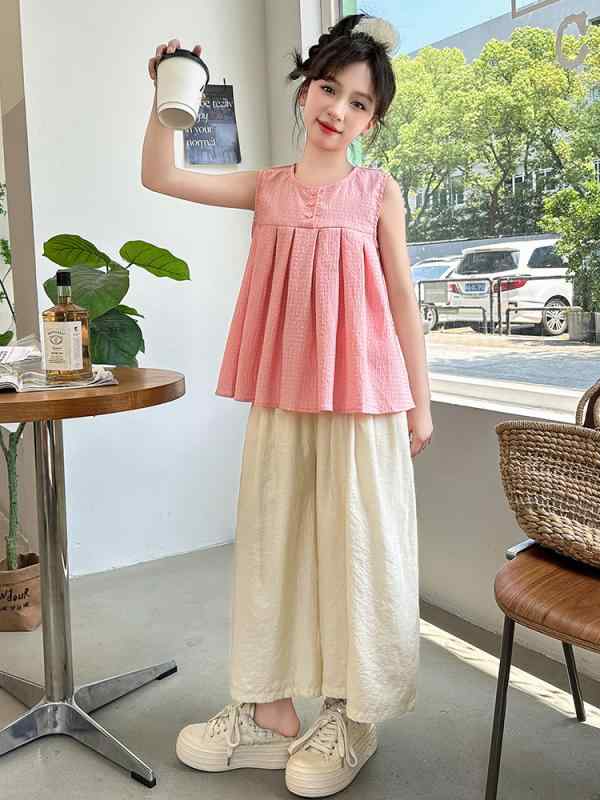 女児 夏服 セット トップス 背心 ワンピース ワイドパンツ 2点セット 韓風 かわいい 綿100% 薄手 柔らかい 無袖 長ズボン 純色 イエロー ピンク 通気性 軽量 日常使い 120cm 130cm 140cm 150cm 160cm 170cm