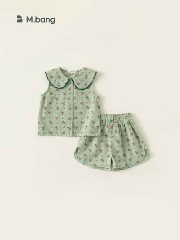 Occidental Goods - 女児服 女の子 子供 キッズ セットアップ トップス 短パン 2点セット 夏用 薄手 綿100% 柔らかい生地 花柄プリント グリーン 緑色 無袖 ノーカラー 韓風 カジュアル 普段使い 軽量 通気性 吸湿速乾 3〜8歳 100〜140cm