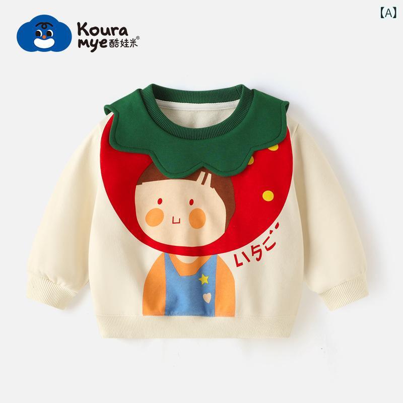 キッズ 女の子 秋冬 長袖 綿 素材 柔らか かわいい カード ストロベリー 柄 花辺 ラウンドネック トップス 田園 スタイル セットインスリーブ プルオーバー 普通 厚み 春秋 対応 杏色 ピーチカラー 中小童 3 〜 8 歳 100 〜 140cm