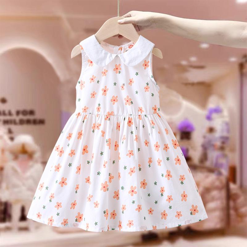 女の子 ワンピース 夏 春夏 キッズ 子供服 背心 キャミソール A字 スカート かわいい 花柄 プリント 綿 コットン 素材 軽量 通気性 吸湿速乾 ピンク ピンク系 イエロー 黄色 3〜8歳 中小 サイズ 100〜140cm 身長 対応 普段使い 遊