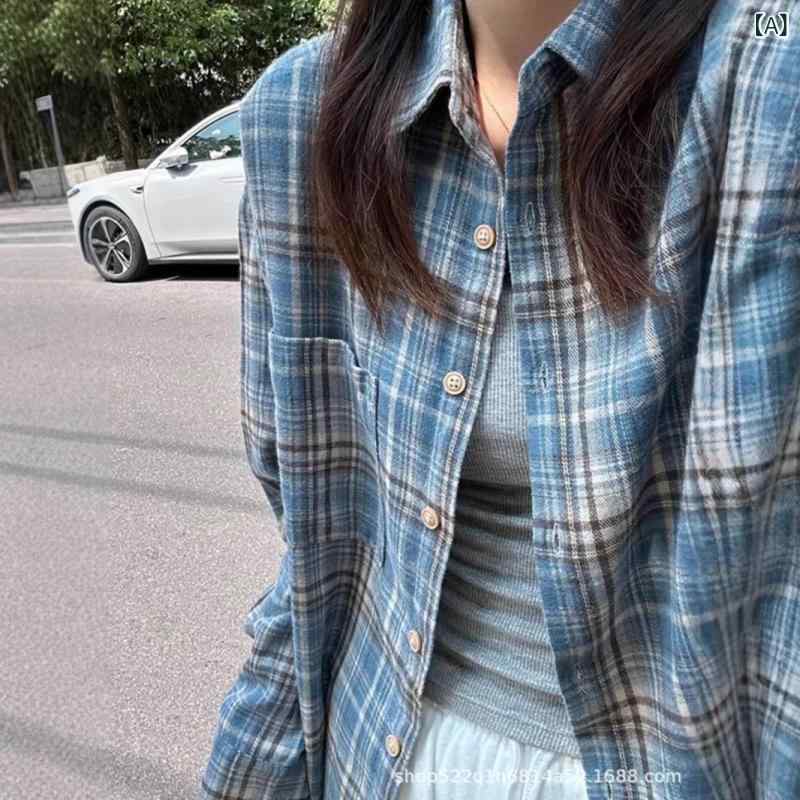 樂天商城 - シャツ 女性用 秋冬 復古 チェック柄 ブルー 長袖 磨毛加工 綿 ポリエステル 混紡 ゆったりシルエット ポロカラー ボタン前開き ミドルレングス 長袖シャツ トップス ルーズフィット カジュアル ゆったり風 日韓スタイル 快適 軽量 柔らかい肌触り