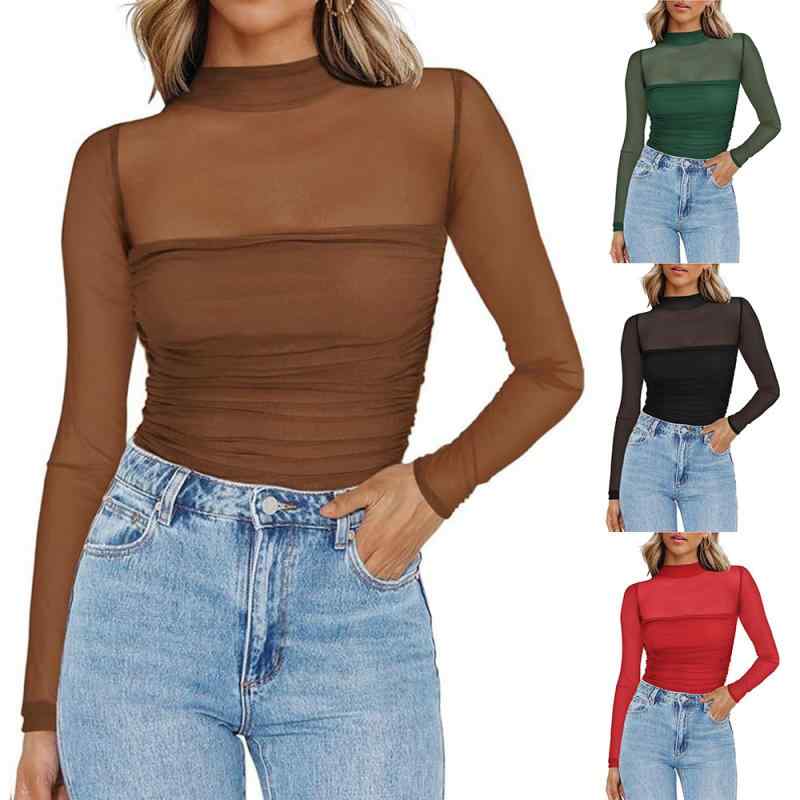 Rakuten - Tシャツ 女性用 半高領 透け感 長袖 セクシー Y2K 網纱 トップス 切り替え 修身 ストリート 欧美風 性感 春季 ブラック ブラウン レッド グリーン 純色 長袖 普通丈 ポリエステル 軽量 通勤 普段使い
