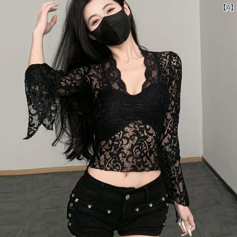レディース トップス 秋冬 透け感 レース 長袖 Tシャツ Vネック 喇叭袖 修身 ブラック ホワイト 短丈 切り替え ニット 接触冷感 吸湿速乾 軽量 伸縮性 かわいい 普段使い 通勤 レイヤード インナー カジュアル スタイリッシュ 女性用 上品 セ fork-br-10739439 フォークBR サンプル画像2