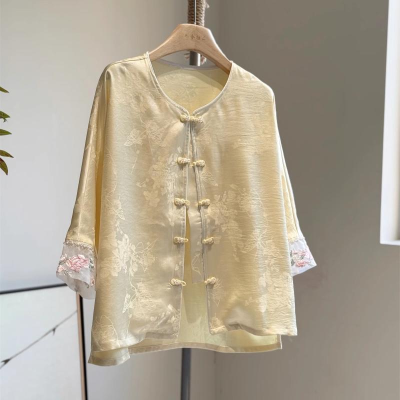 Other - レディース 春夏 黄色 外套 七分袖 開衫 直筒型 接触冷感 再生繊維 刺繍 花柄 植物柄 丸首 単排ボタン 中国風 禅意 上衣 文艺復古 軽量 薄手 普通丈 挿肩袖 単品 女性用 トップス アウター 花刺繍