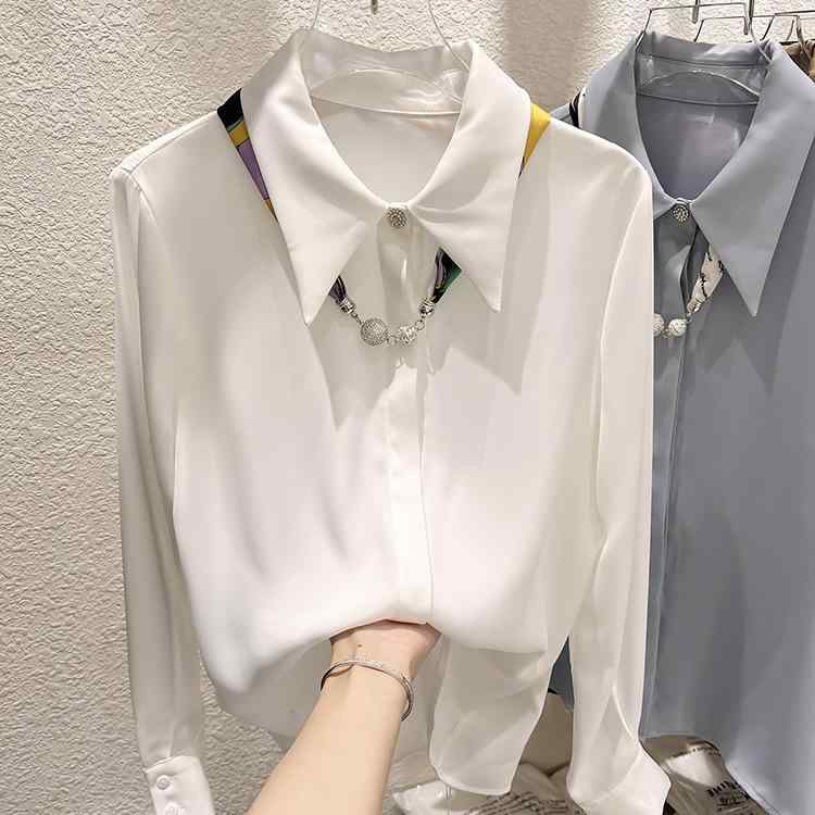 シャツ 女性用 春夏 通勤 気質 スリム 無地 フラップカラー 長袖 シフォン トップス 薄手 修身 ポリエステル スパンデックス 接触冷感 伸縮性 吸湿速乾 白色 ボタン 単排 気質 優雅 軽量 ハイネック スタンダードシルエット 50-65cm丈 ス