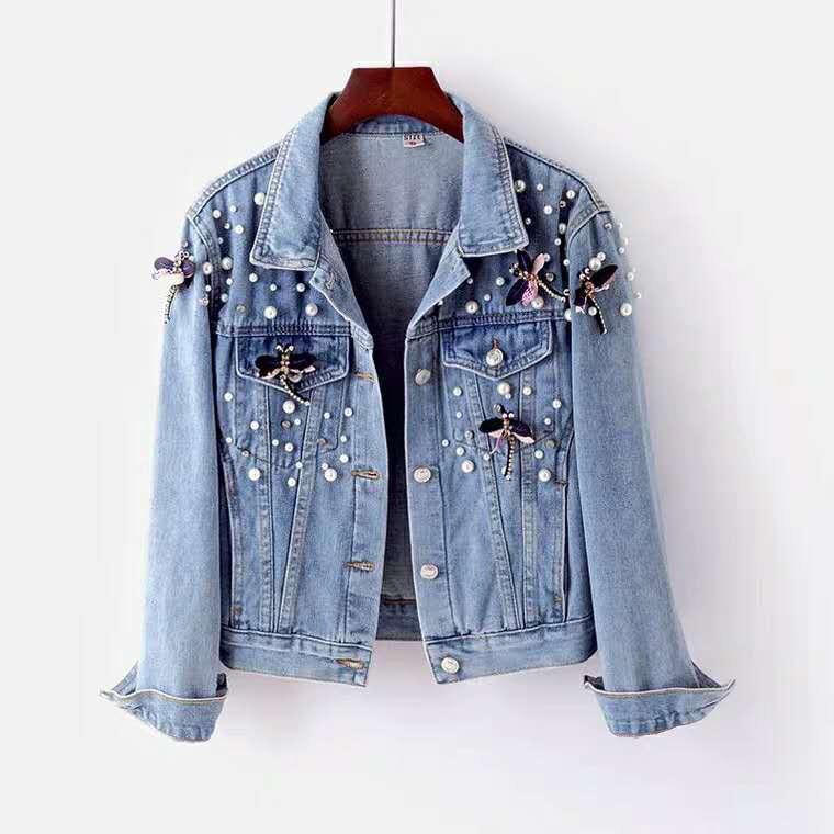レディース 牛仔ジャケット 秋冬 コットン 刺繍 デザイン 修身 シルエット 長袖 スタンドカラー ブルー ビーズ 装飾 サイドポケット ストリート スタイル 気質 百搭 トップス コート 軽量 伸縮性 吸湿速乾 普段使い 通勤用 アウトドア