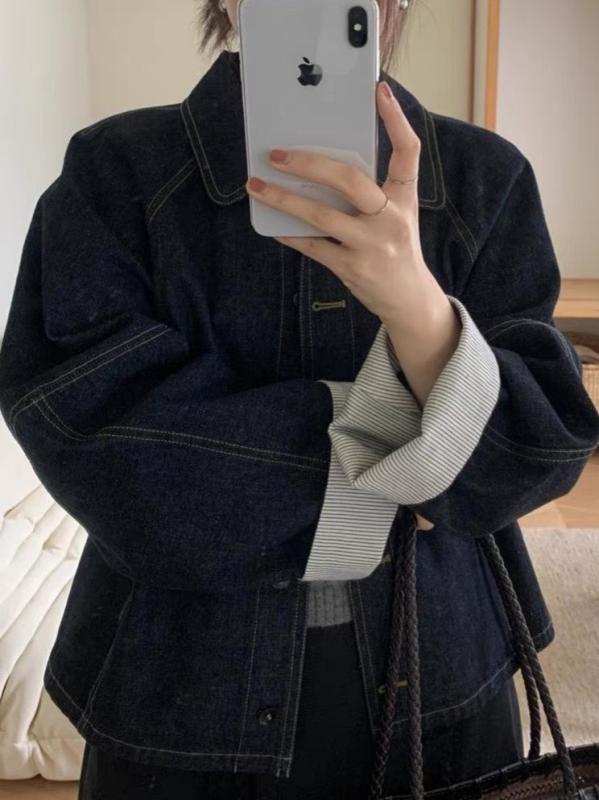秋冬 女性用 デニム ジャケット フラップカラ シングルブレスト ロングスリーブ ストライプ 巻き縁 切り替え ルーズ …