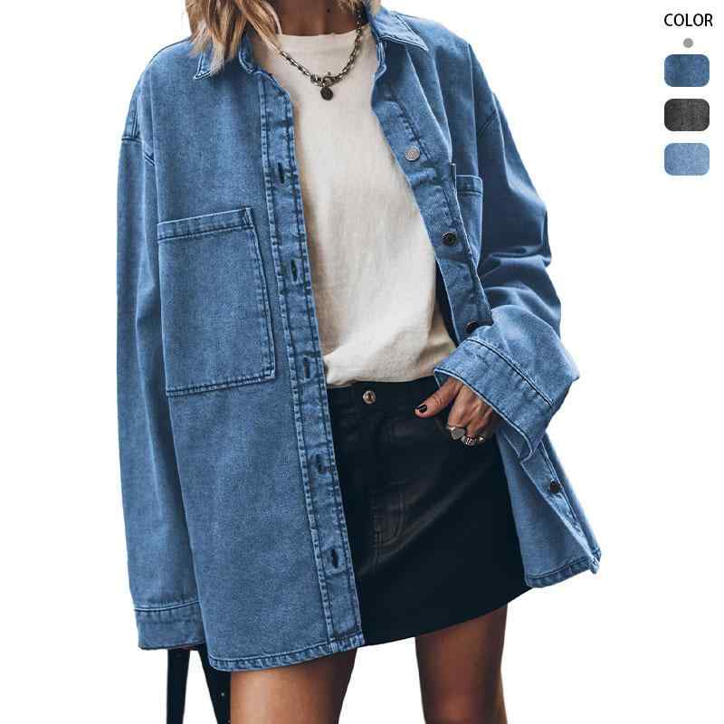 Coat - レディース 長袖 牛仔ジャケット ブルー 深灰色 浅ブルー 深ブルー ビッグポケット ルーズフィット コットン ポリエステル 混紡 ストリートスタイル セクシー ミドル丈 フラップカラー 春夏 通勤 普段使い カジュアル 軽量 伸縮性